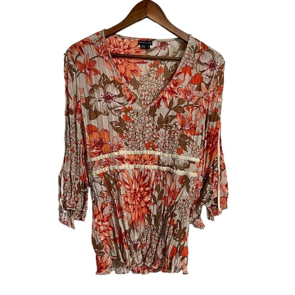 Vintage Womens Y2K Orange Brown Floral Embellished Beaded Collar Blouse Small
